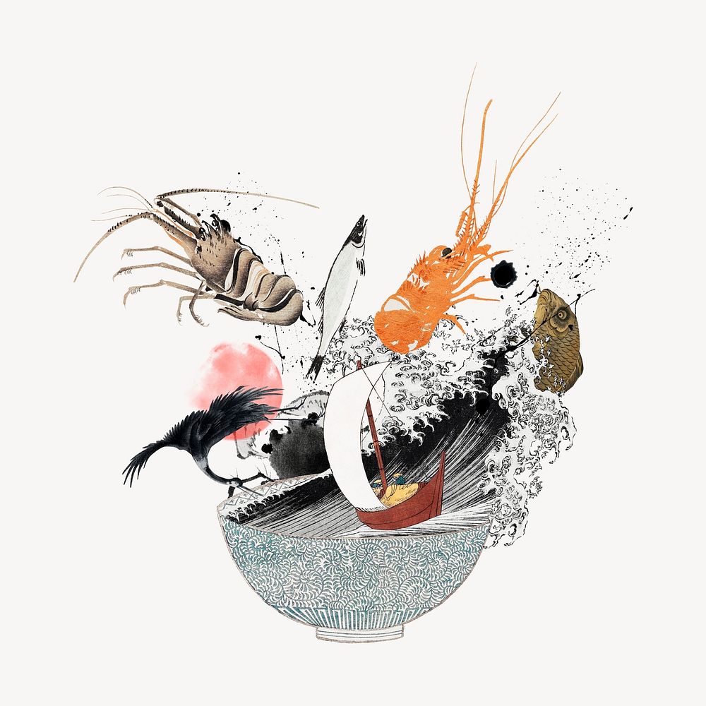 Seafood bowl splash, Japanese food illustration psd