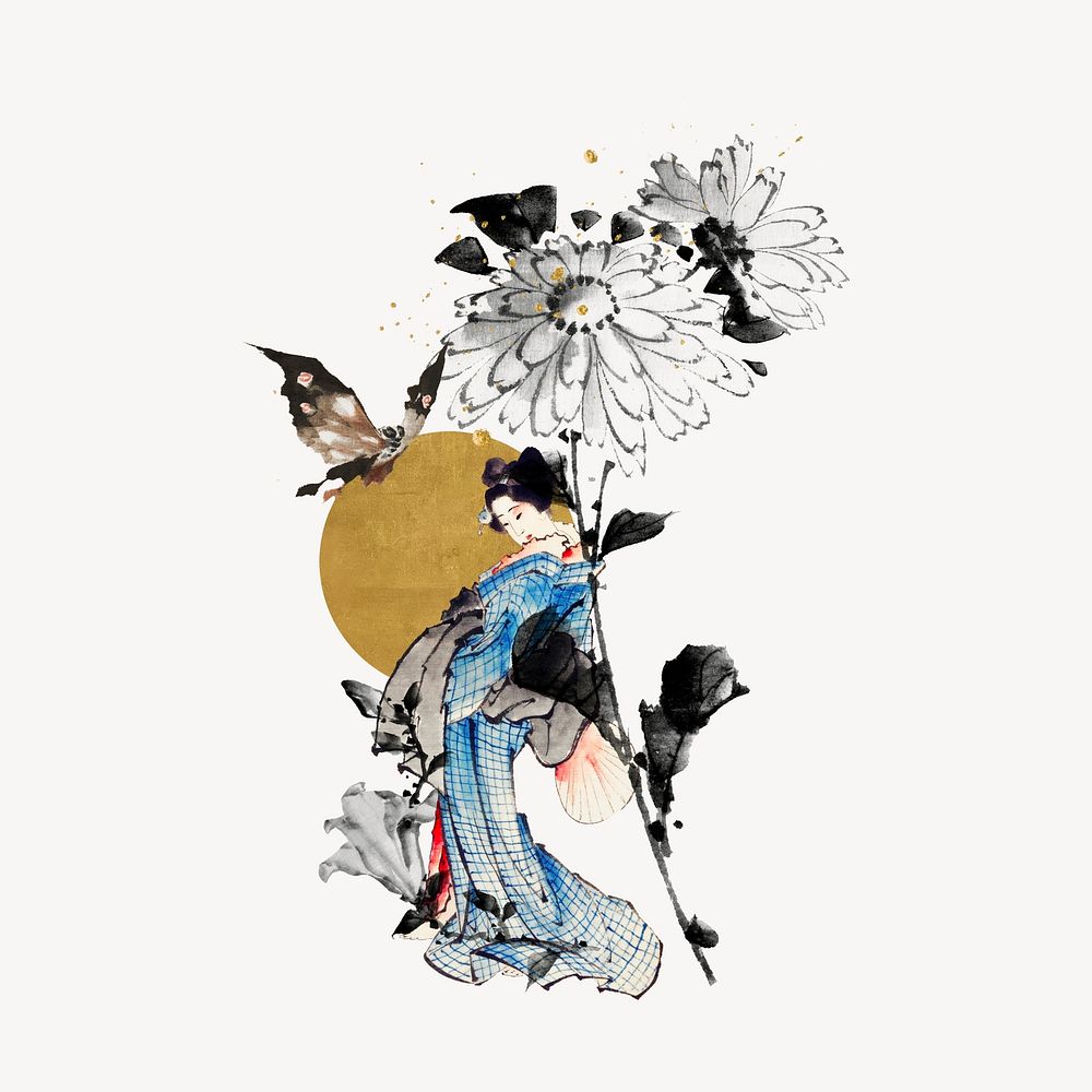 Aesthetic vintage Japanese woman, flower illustration psd