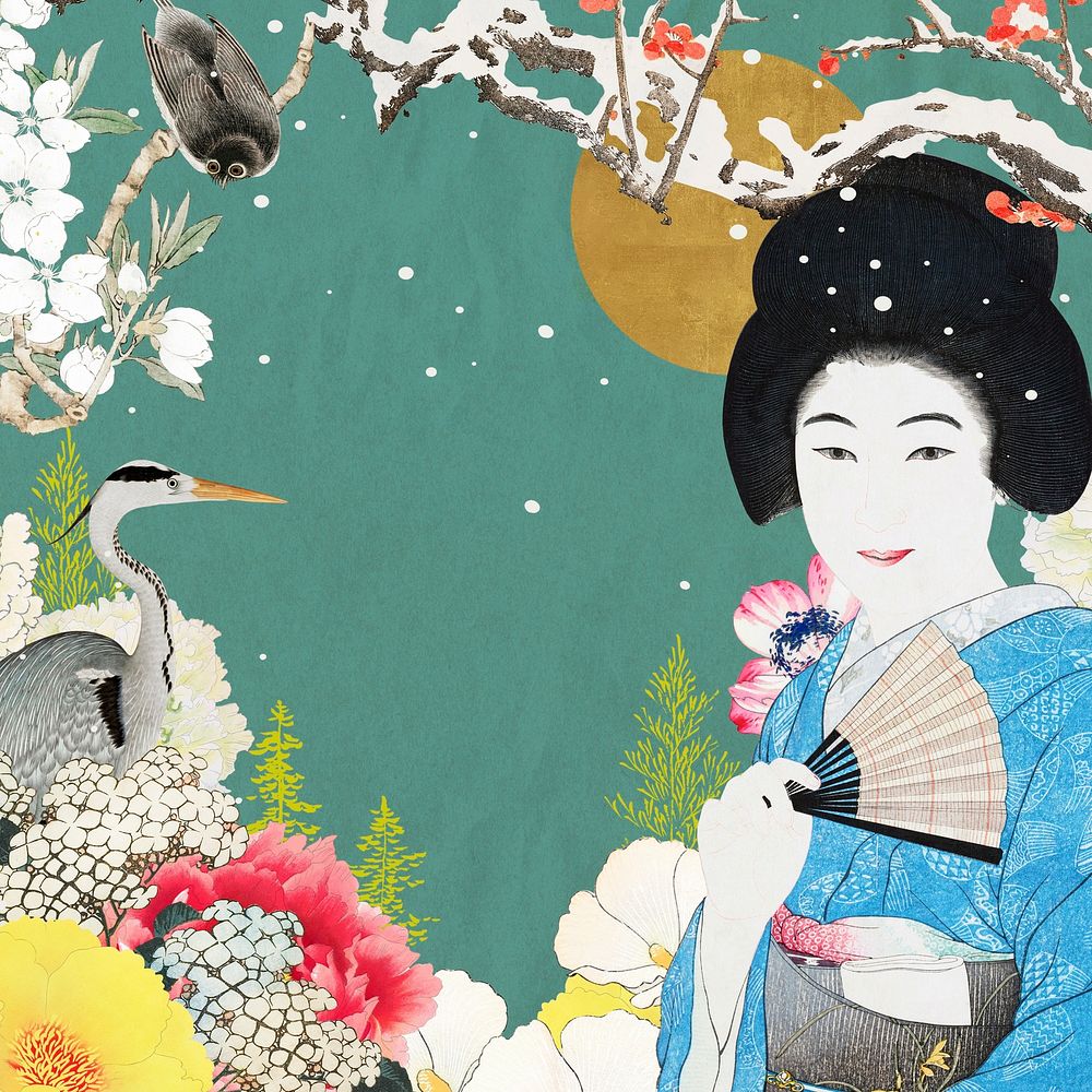 Aesthetic vintage Japanese woman background, enjoy nature