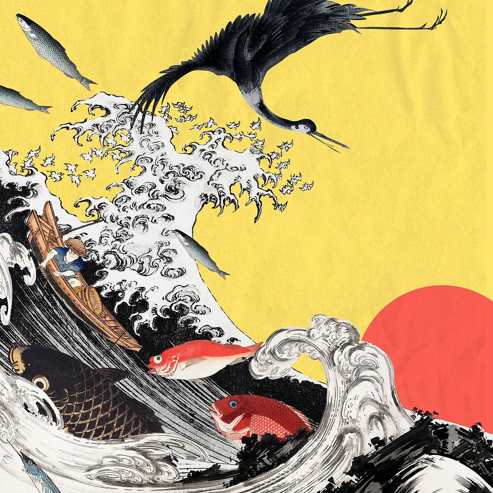 Vintage Japanese seafood background, ocean illustration
