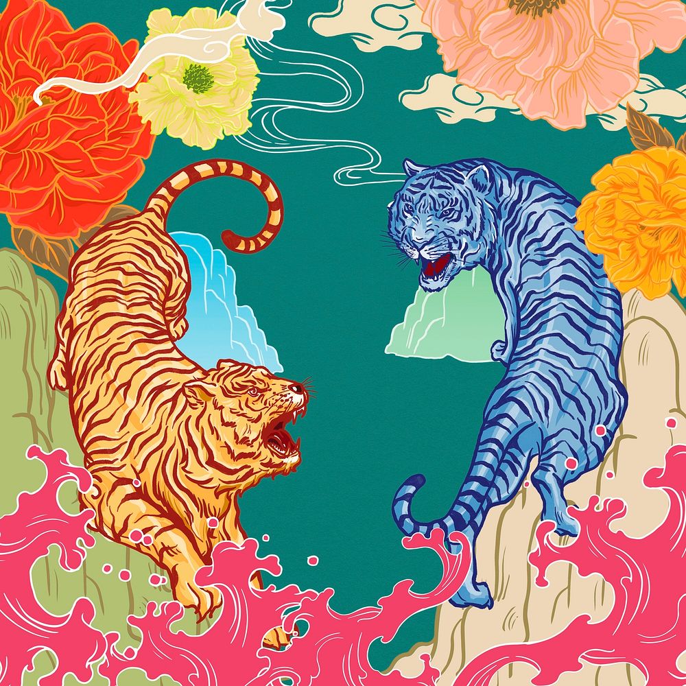Colorful roaring tiger background, vintage wildlife illustration