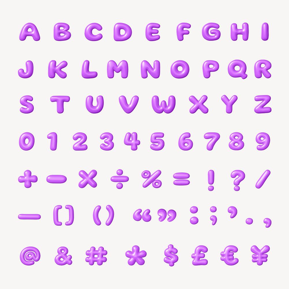 A-Z alphabet, numbers, 3D purple balloon texture set