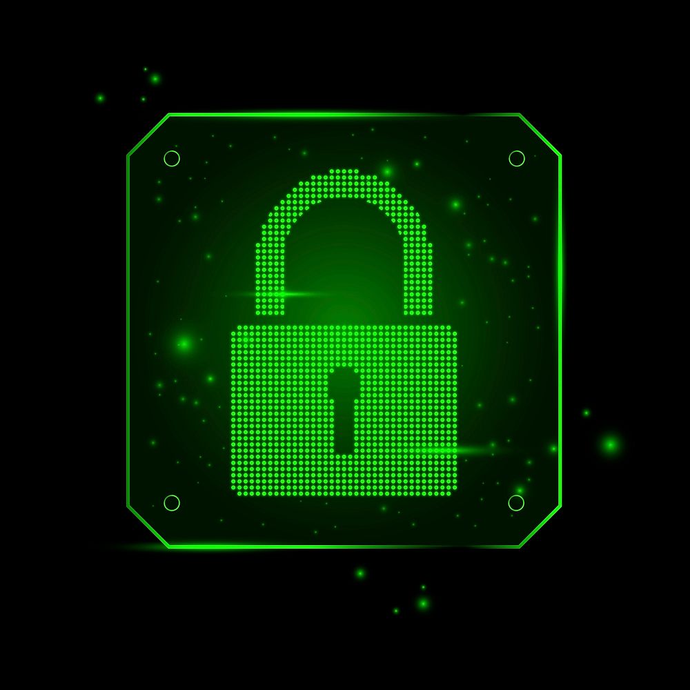 Neon green cybersecurity lock, technology graphic