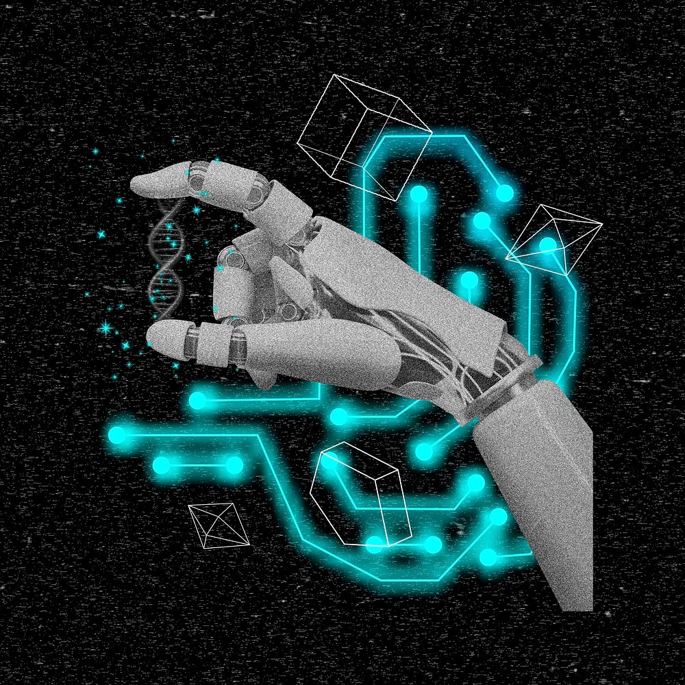 Biotechnology robotic hand, abstract retro future remix
