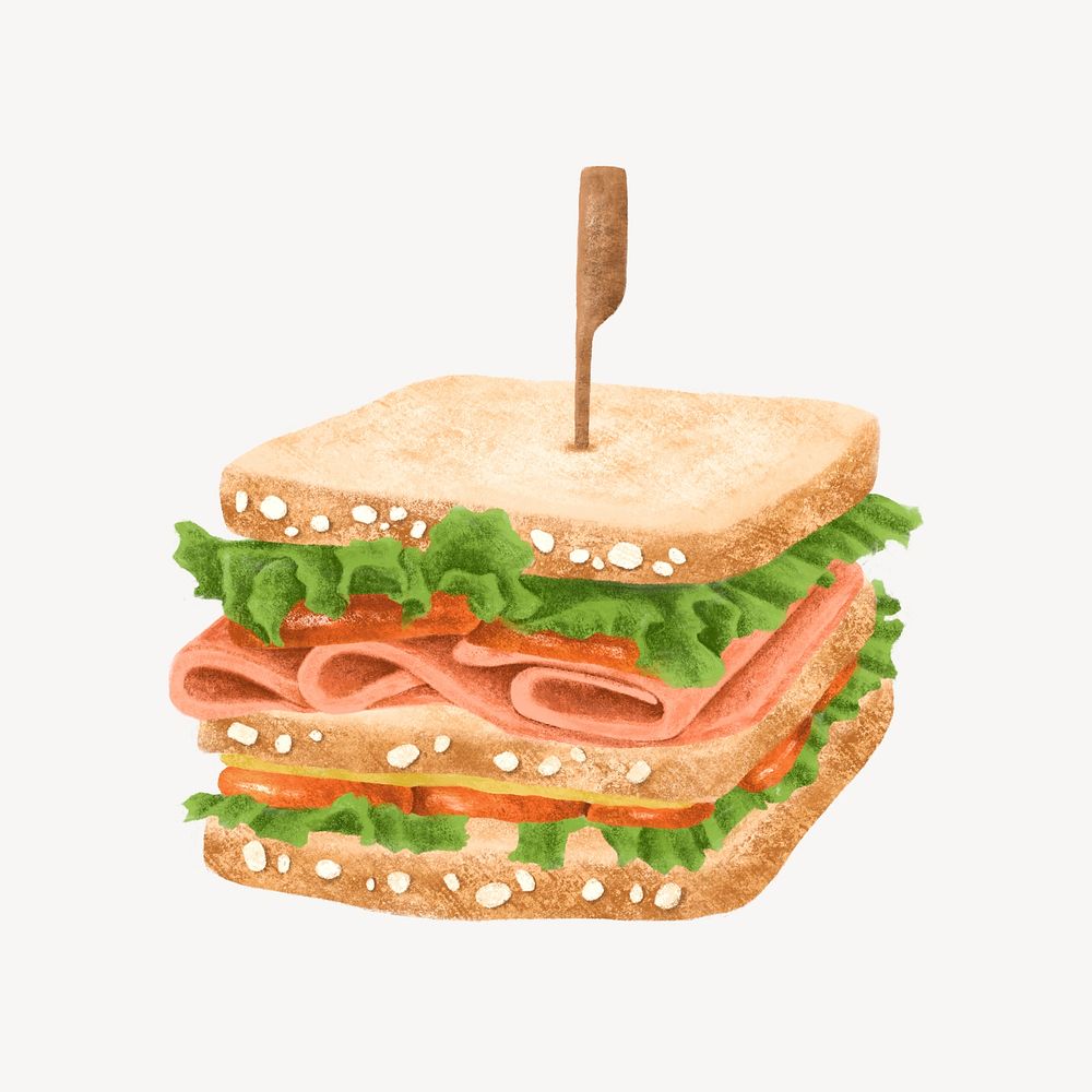 Triple-decker ham sandwich, food illustration psd