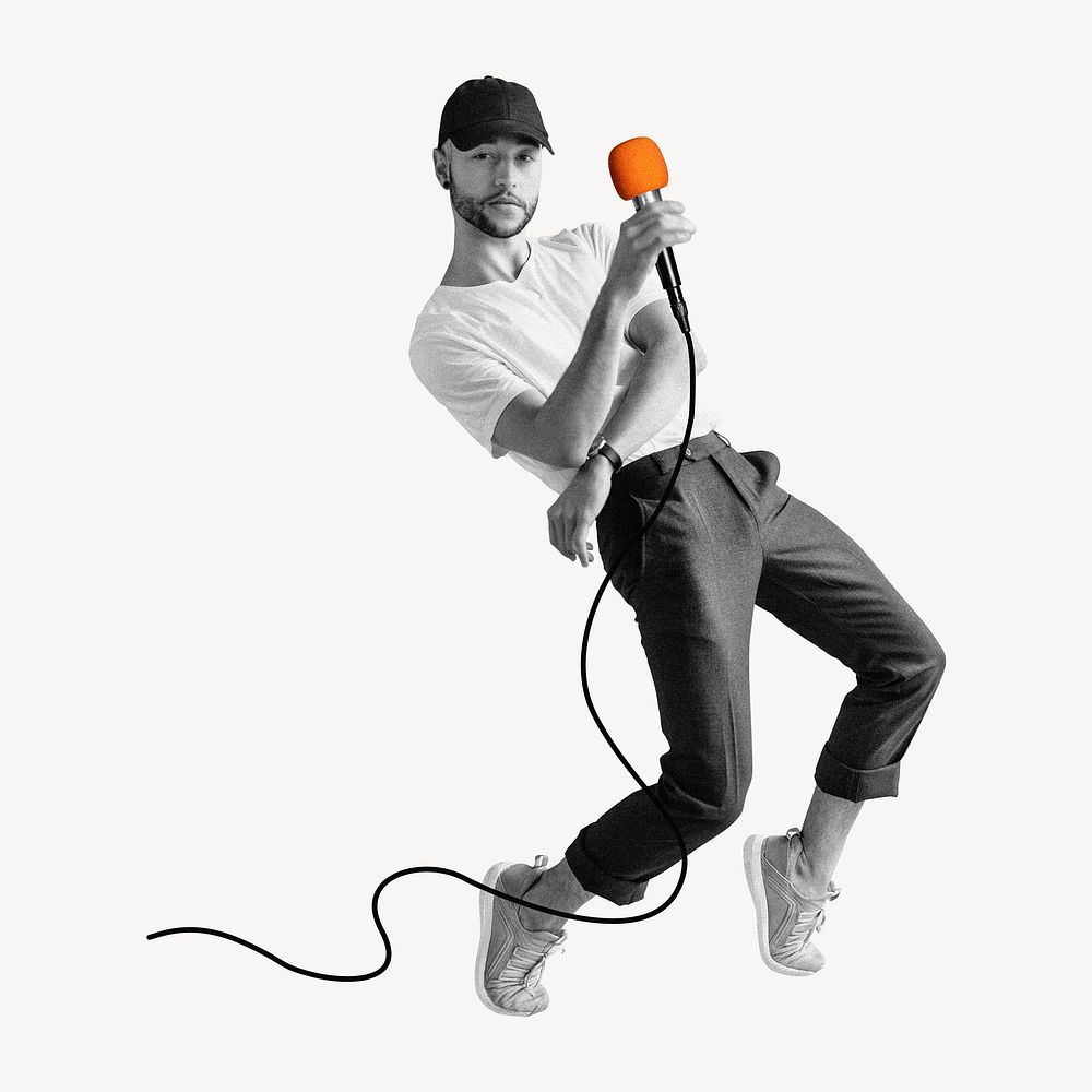 Man holding karaoke mic  isolated image