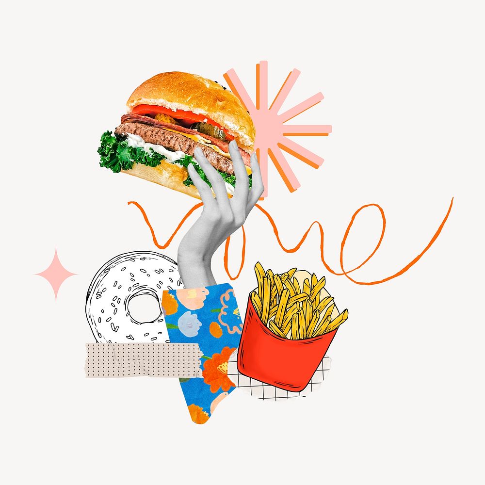 Cute fast food, hand holding burger remix
