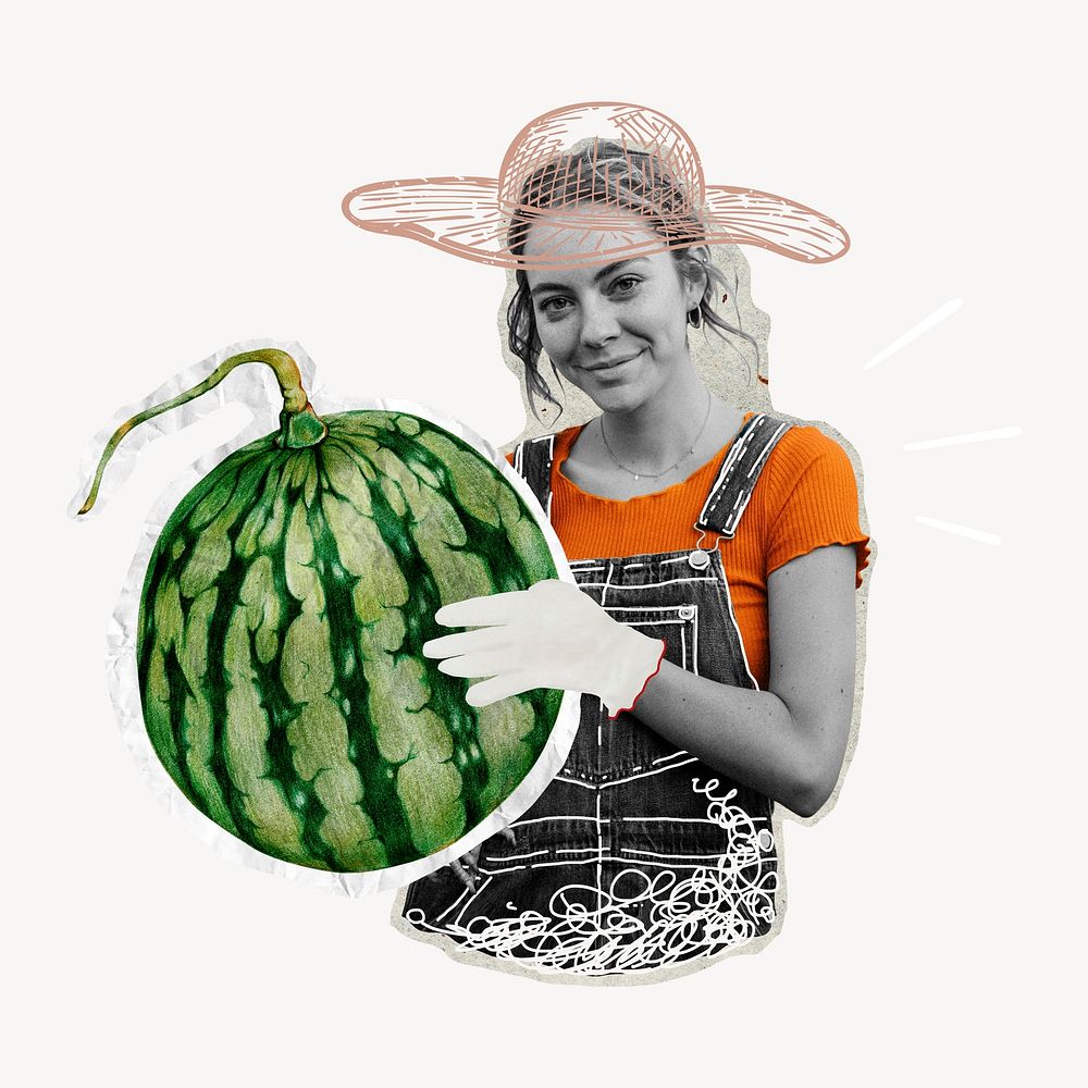 Woman holding watermelon, agriculture remix