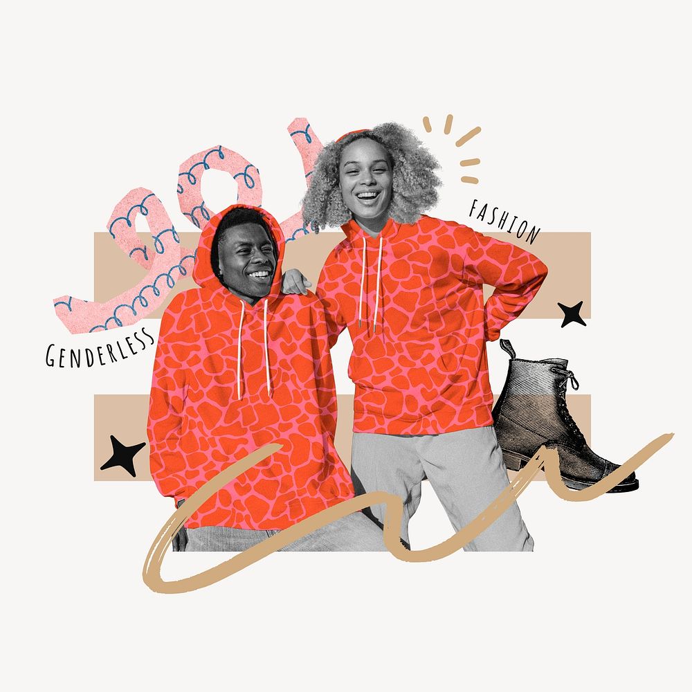 Happy couple in matching hoodies, fashion remix