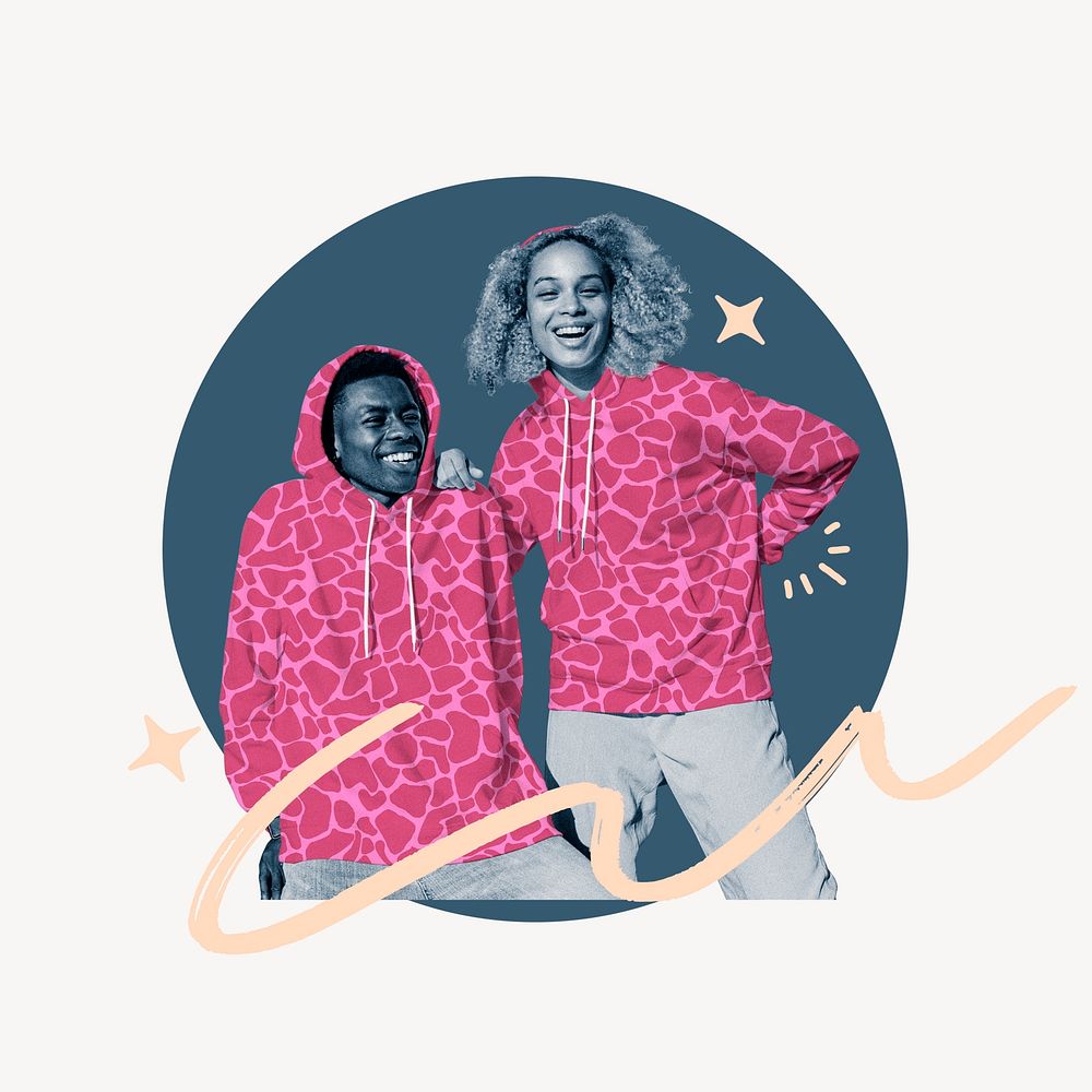 Happy couple in matching hoodies, fashion remix