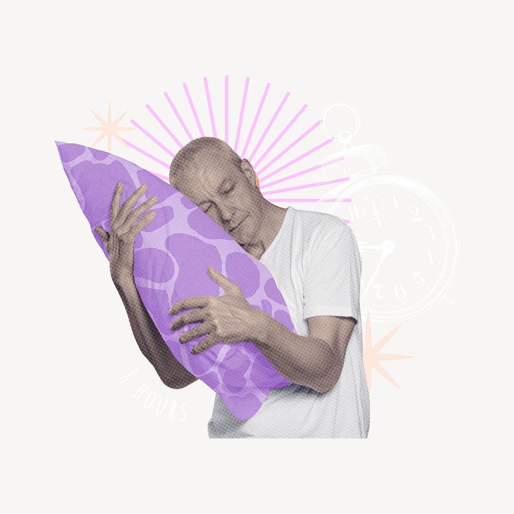 Mature man hugging pillow, creative remix
