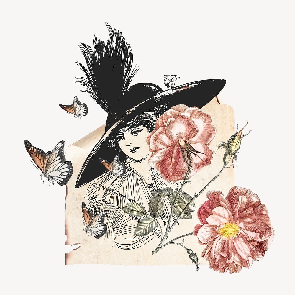 Vintage woman ephemera remix illustration