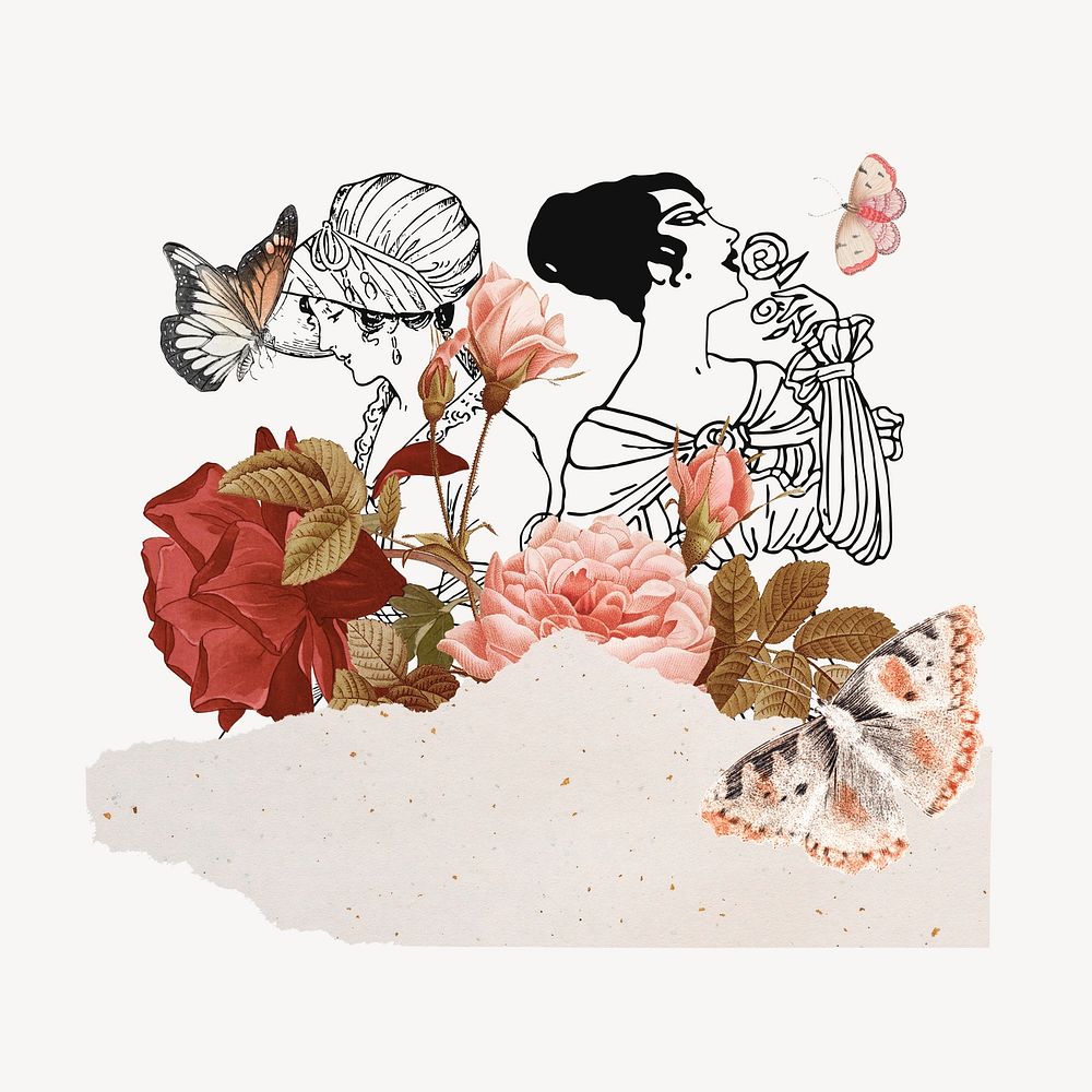 Vintage floral lady ephemera remix illustration