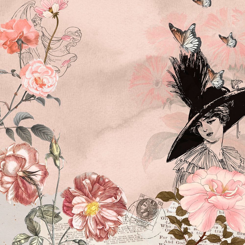 Pink vintage woman ephemera background, mixed media illustration