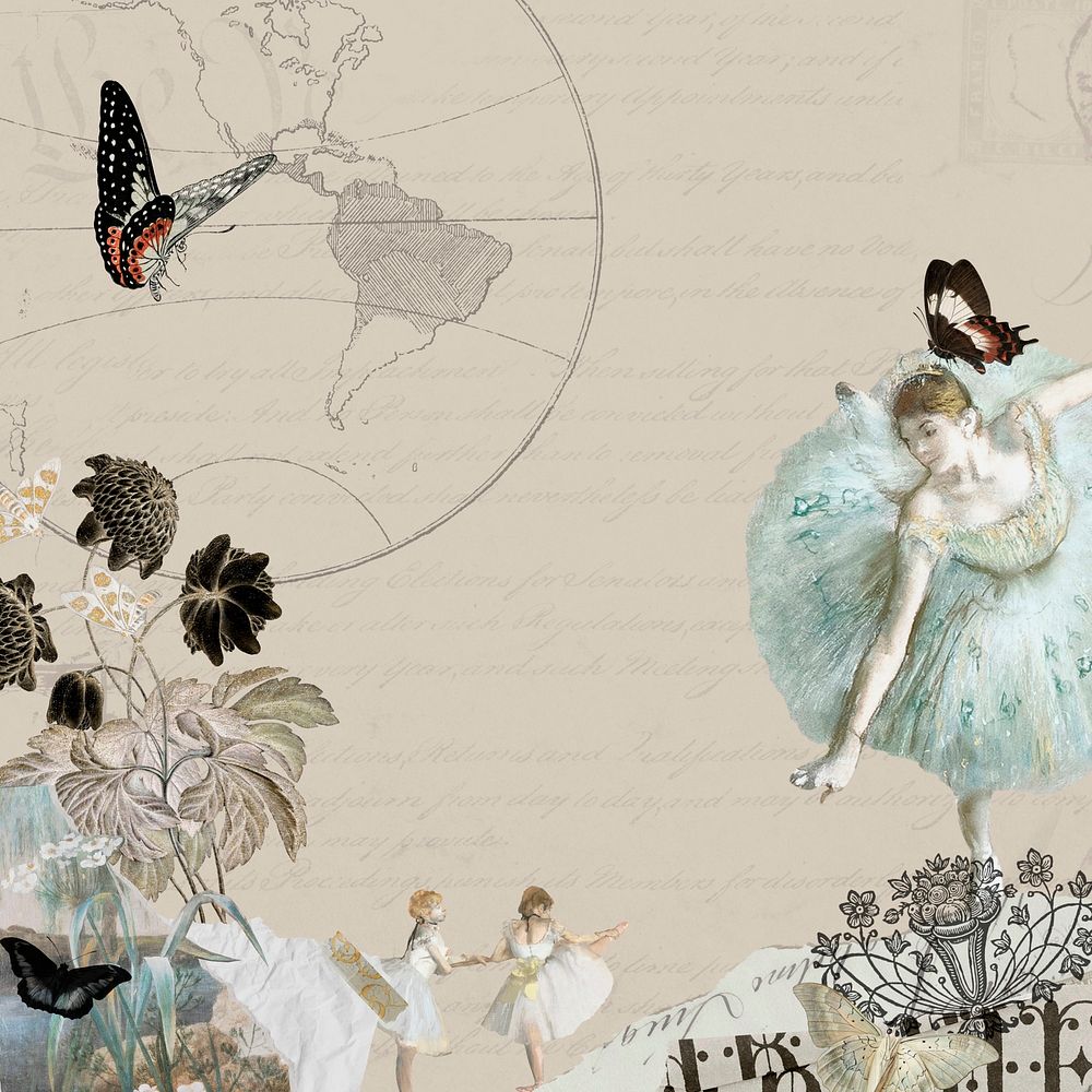 Beige vintage ballerina ephemera background, mixed media illustration