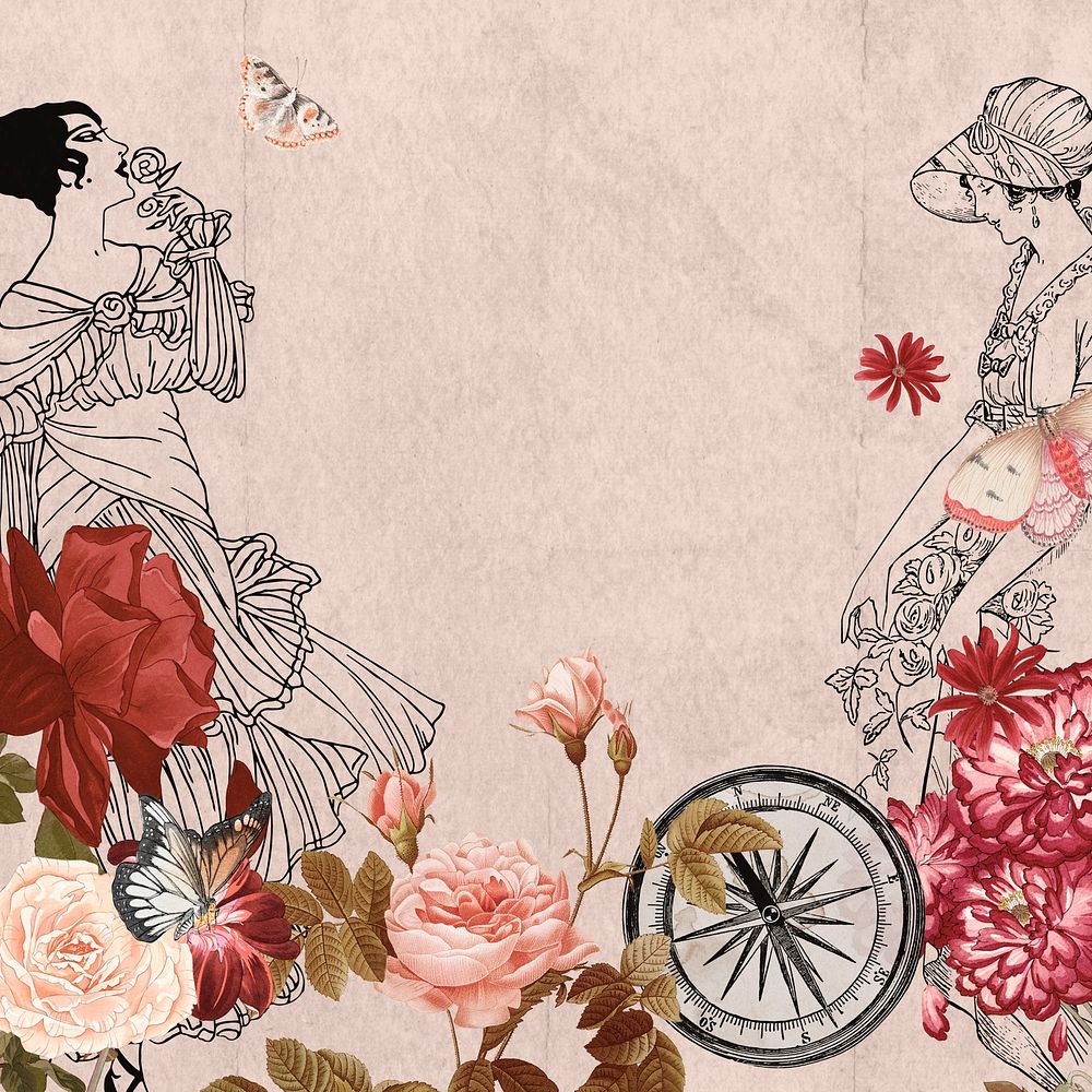 Pink vintage ladies ephemera background, mixed media illustration