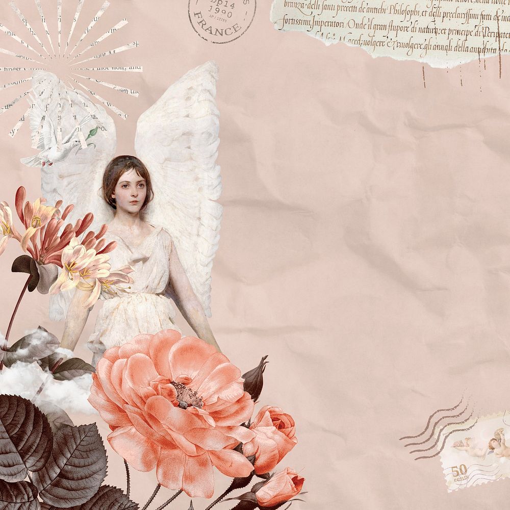 Pink vintage angel ephemera background, mixed media illustration