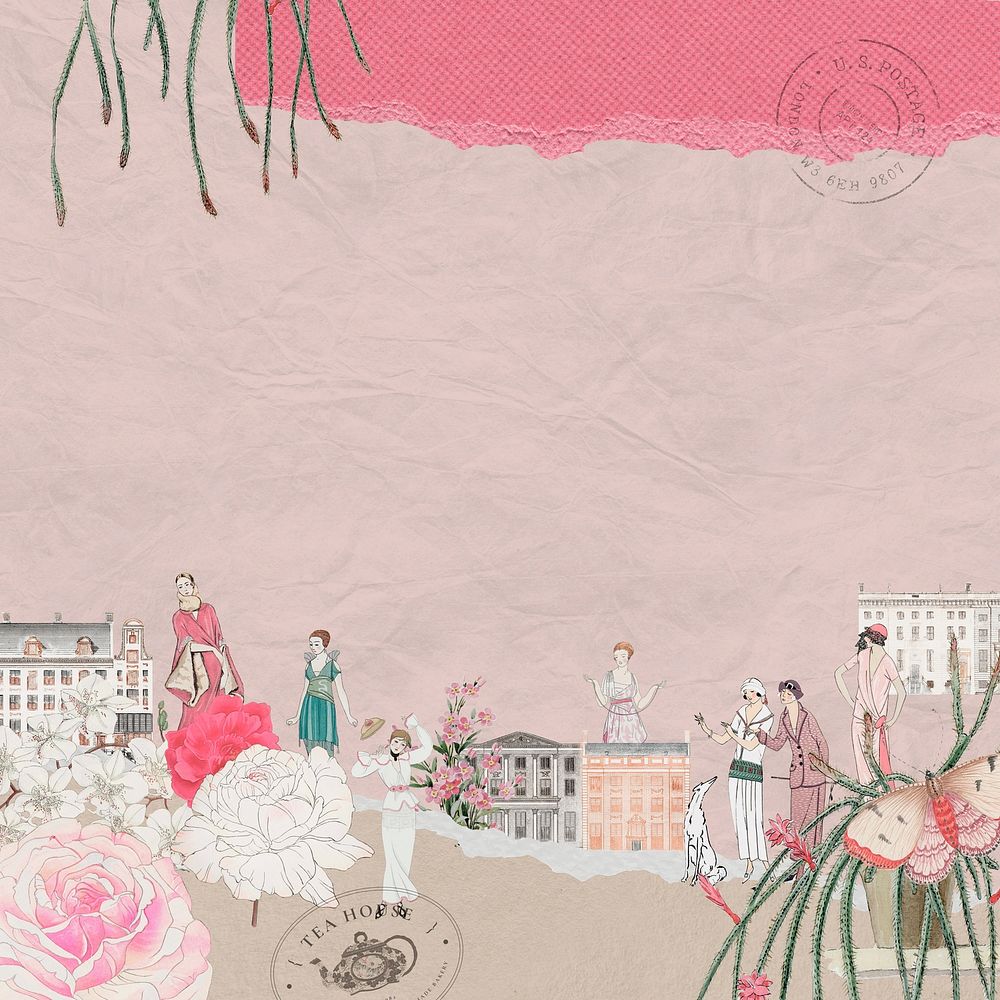 Vintage ladies ephemera pink background, mixed media illustration