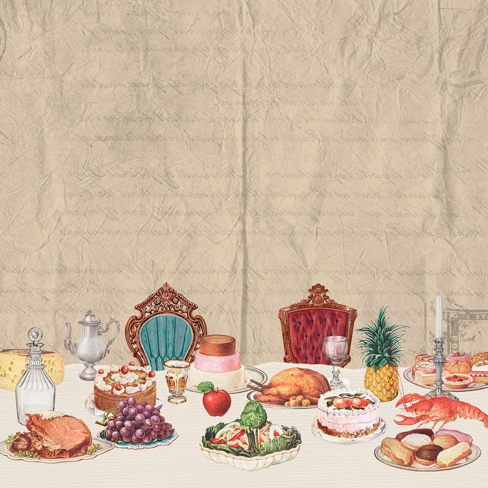Supper table ephemera brown background, vintage mixed media illustration