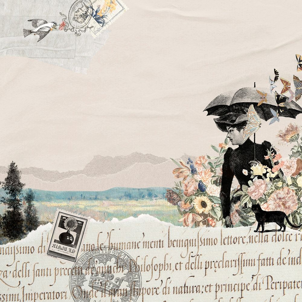 Garden lady vintage ephemera background, mixed media illustration