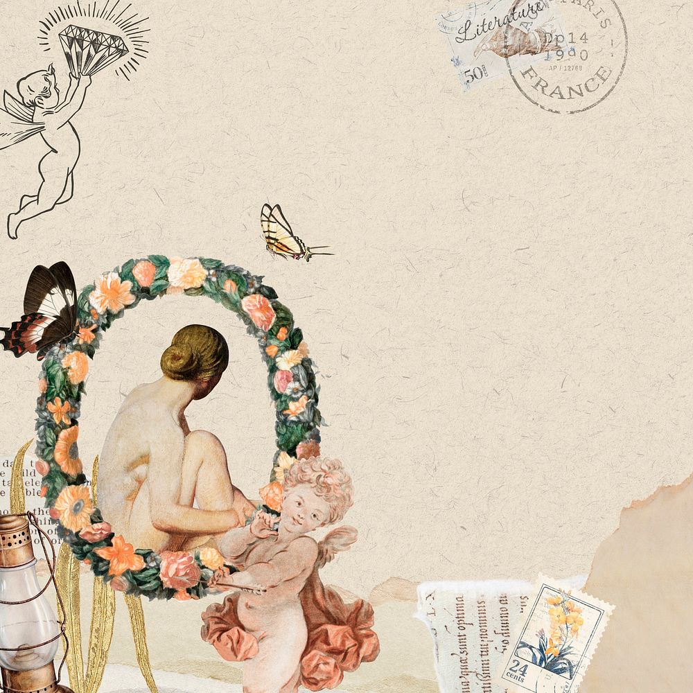 Vintage woman ephemera background, mixed media illustration