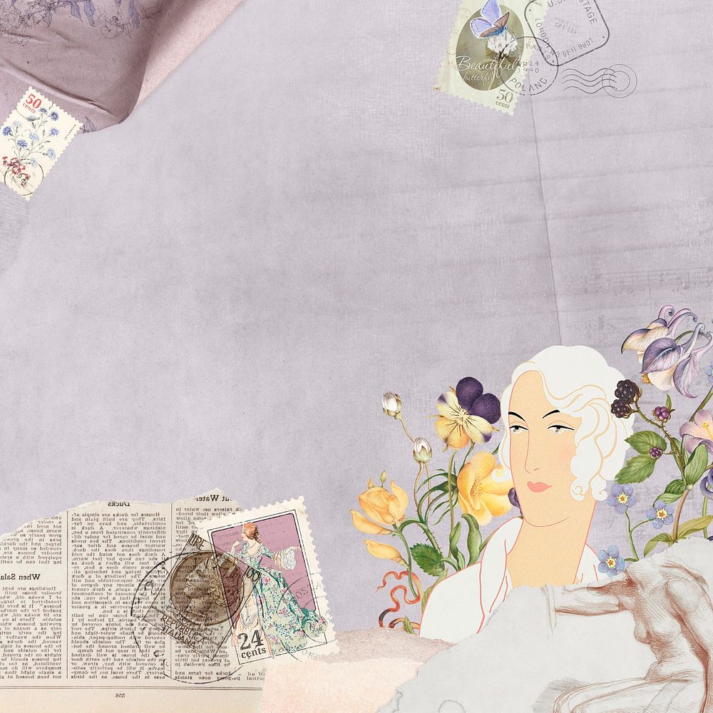  Purple ephemera background, vintage lady mixed media illustration