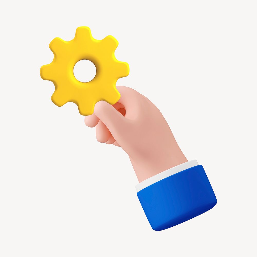 Hand holding mechanical gear, 3D icon illustration