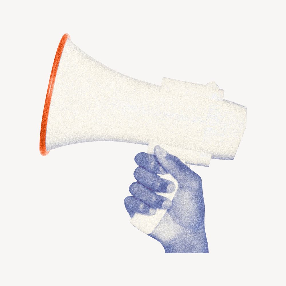 Hand holding megaphone, marketing collage element psd