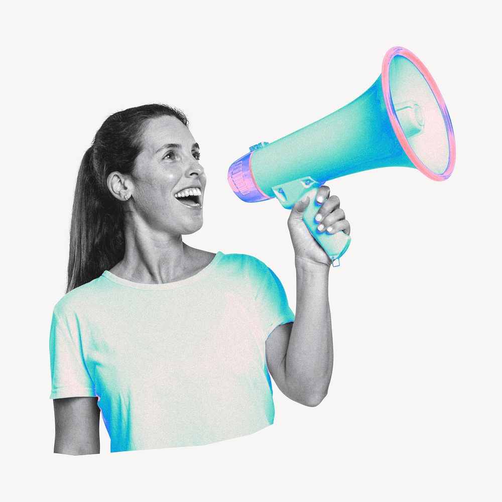 Woman with megaphone, business collage element psd