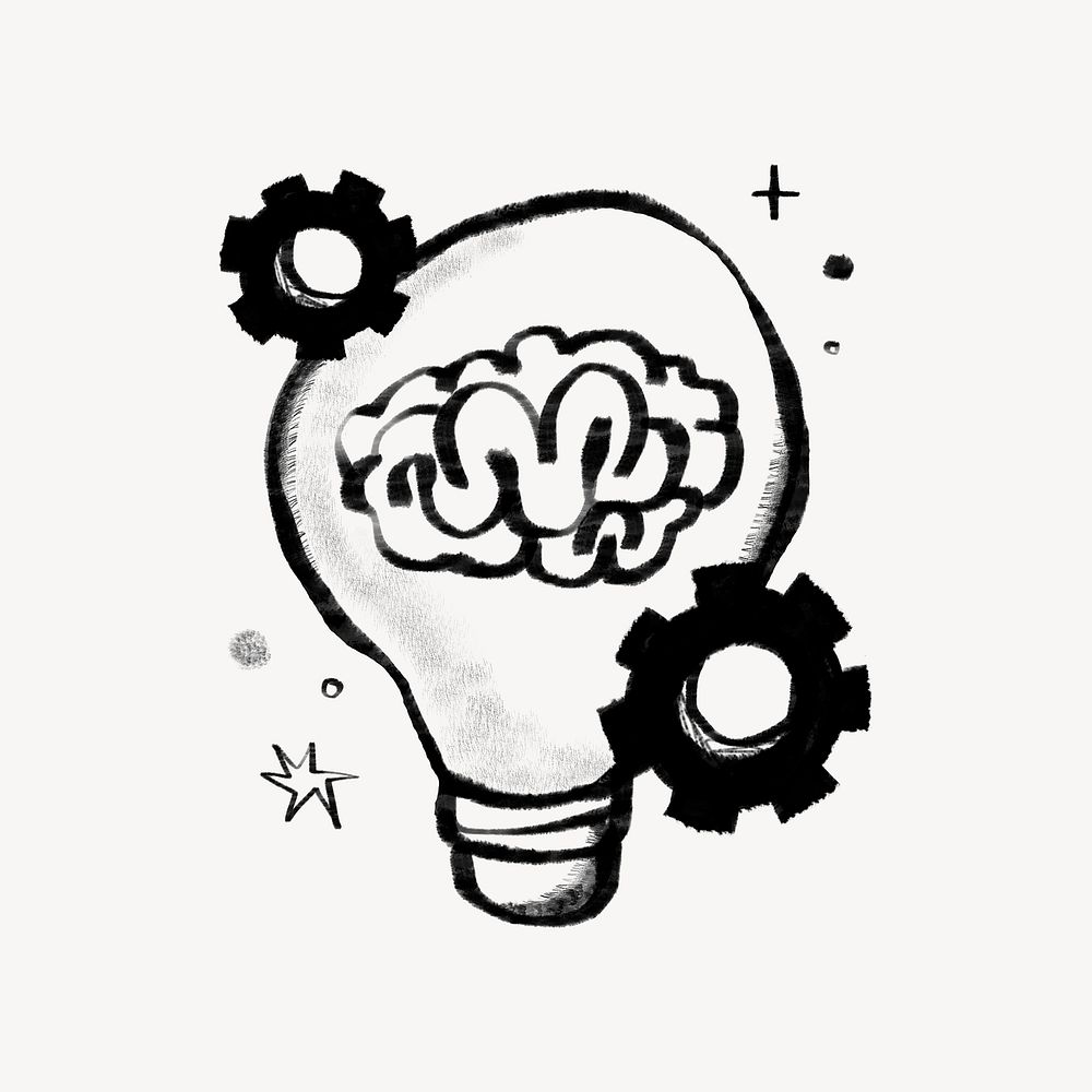 Brain in light bulb, business manpower doodle