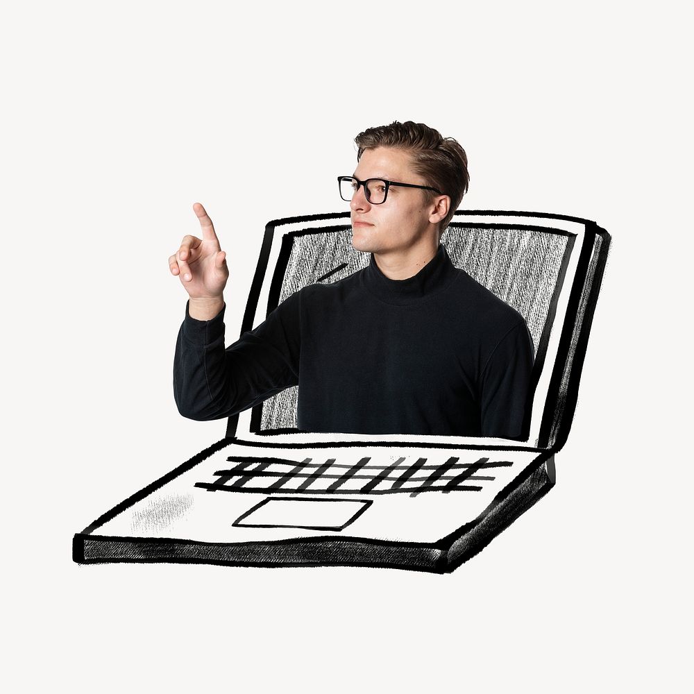 Website developer man on laptop screen, mixed media psd