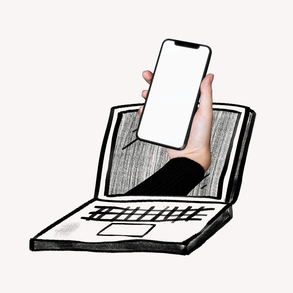 Mobile-first digital transformation doodle, smartphone on laptop screen psd