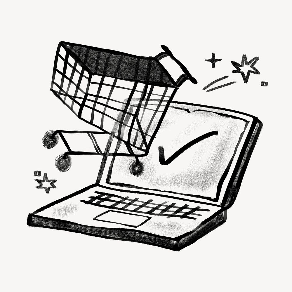 Online shopping cart, laptop doodle psd