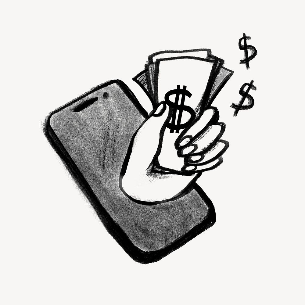 Hand holding money, online shopping doodle