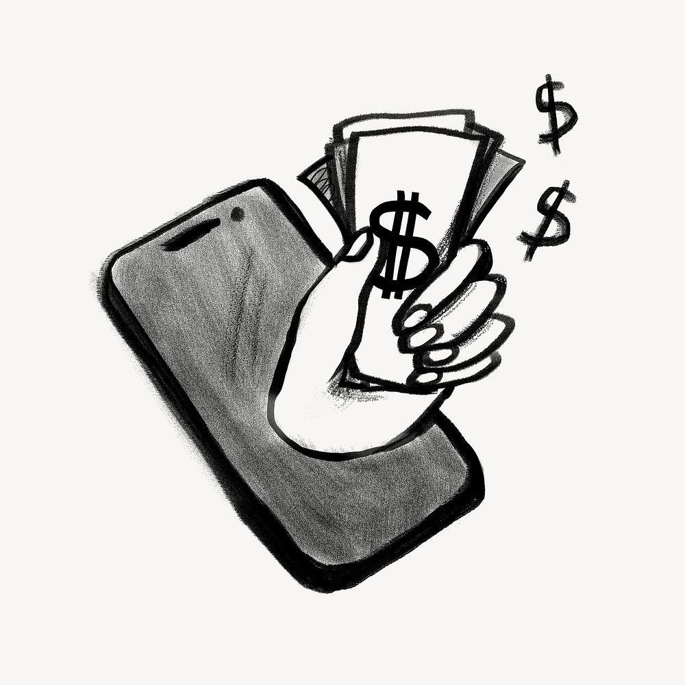 Hand holding money, online shopping doodle psd