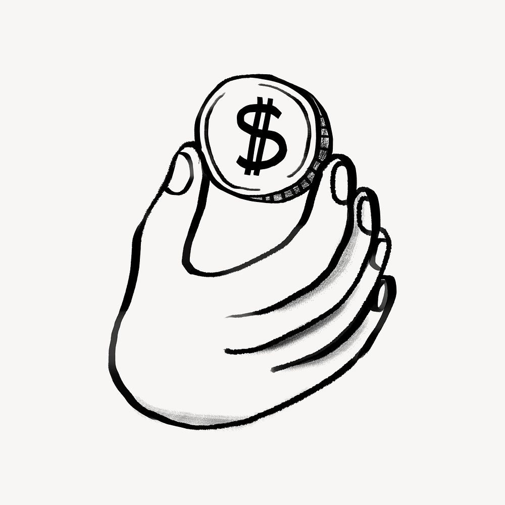 Hand holding coin, consumerism doodle