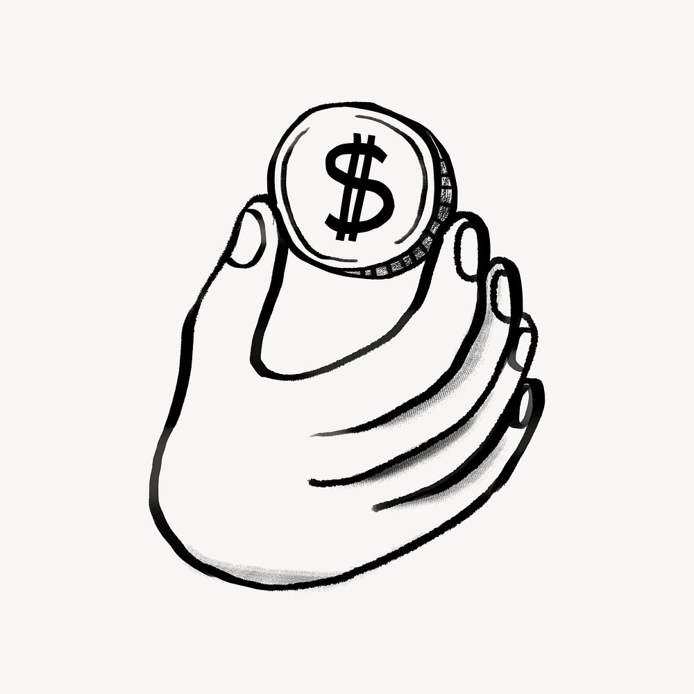 Hand holding coin, consumerism doodle psd