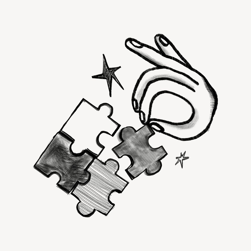 Hands solving puzzle, teamwork doodle psd