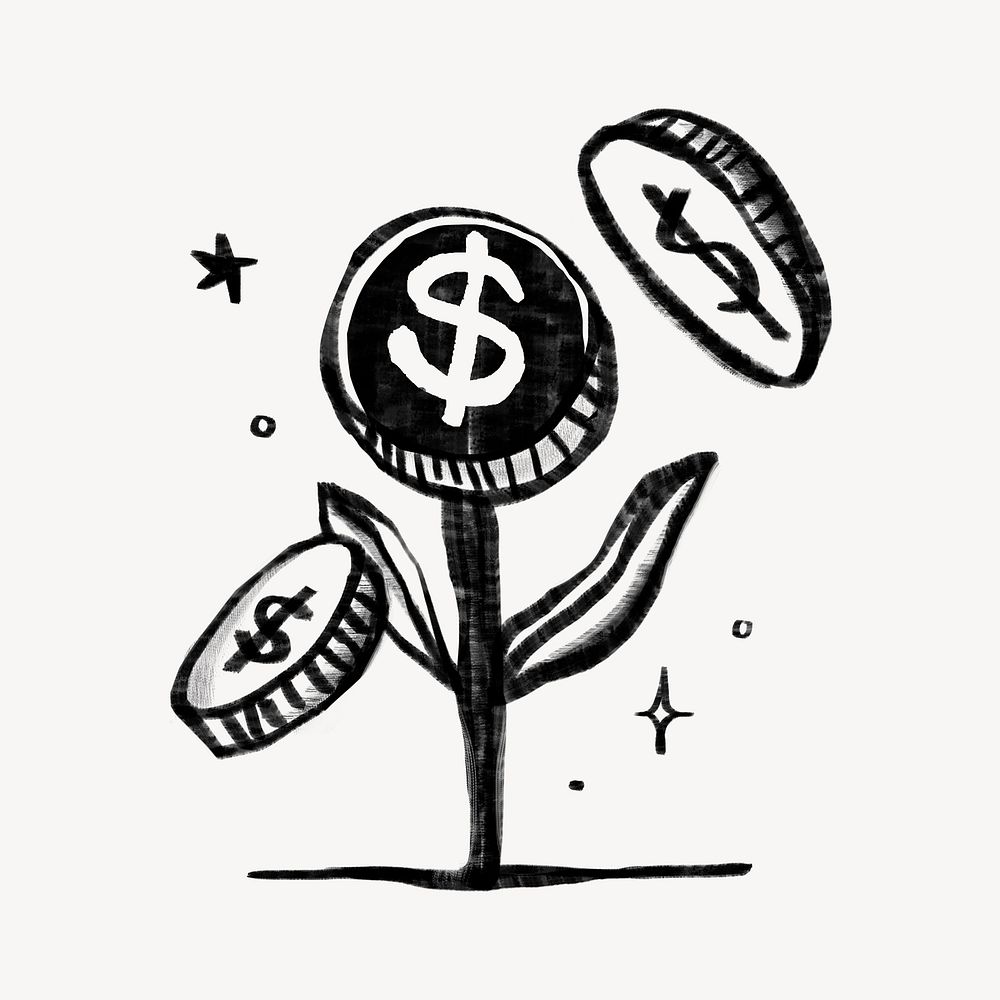 Plant growing money, finance doodle