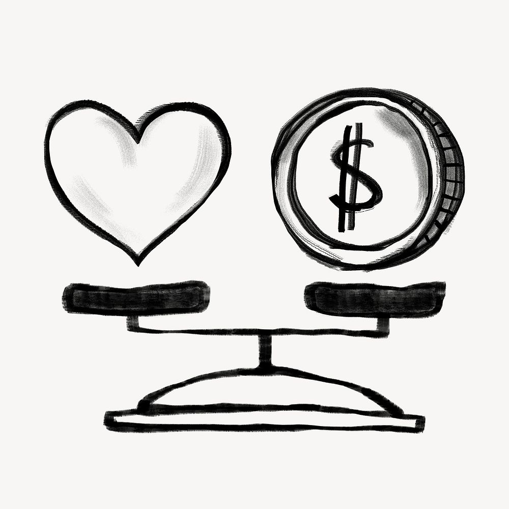 Heart and money balance on scale, wellness doodle psd
