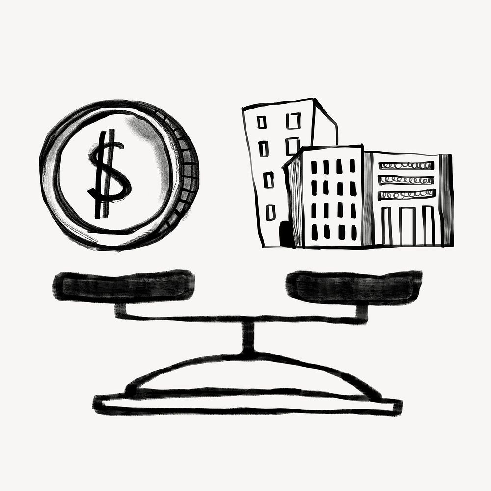 Money and buildings balance on scale, real estate investing doodle psd