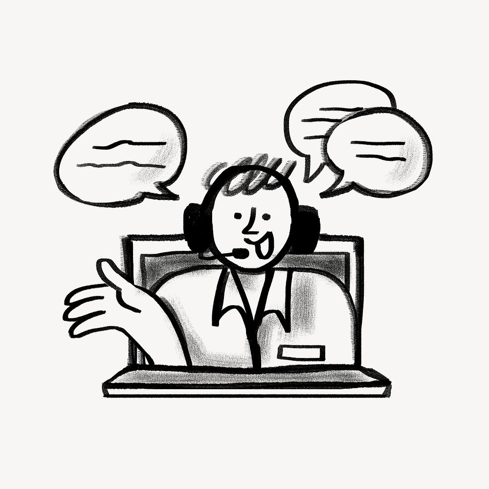 Call center man helping customer doodle psd