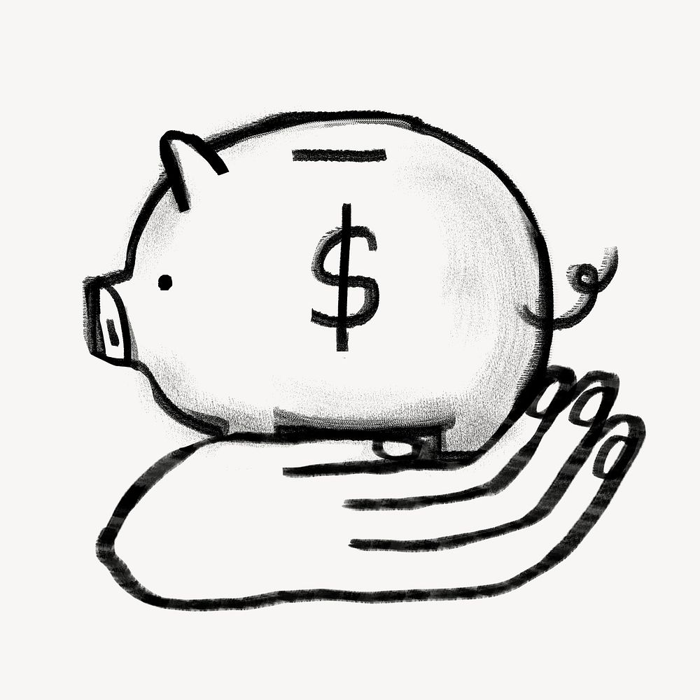 Hand presenting piggy bank doodle psd
