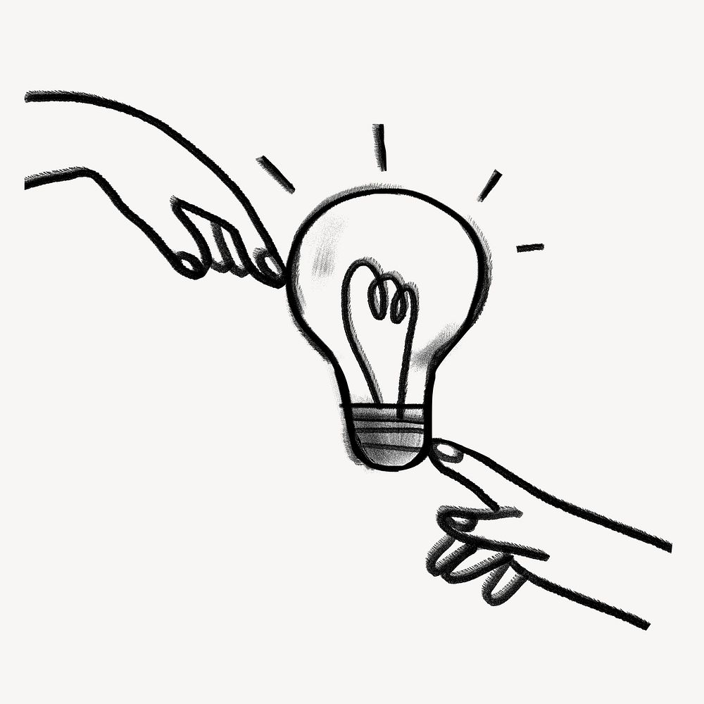 Fingers touching light bulb, innovative ideas doodle