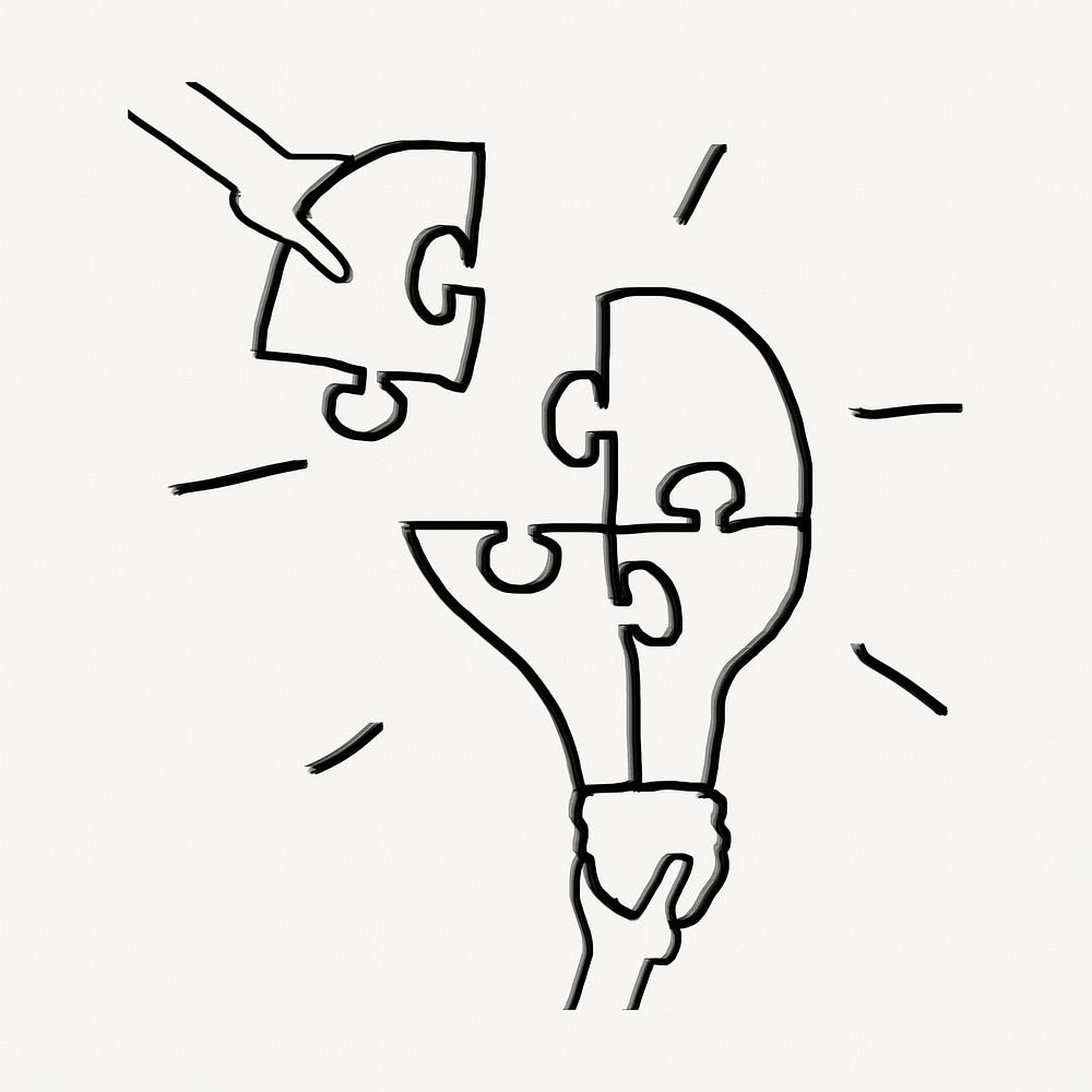 Light bulb puzzle, teamwork, brainstorming doodle psd