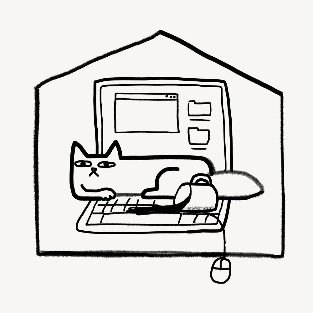 Cat sitting on laptop doodle psd