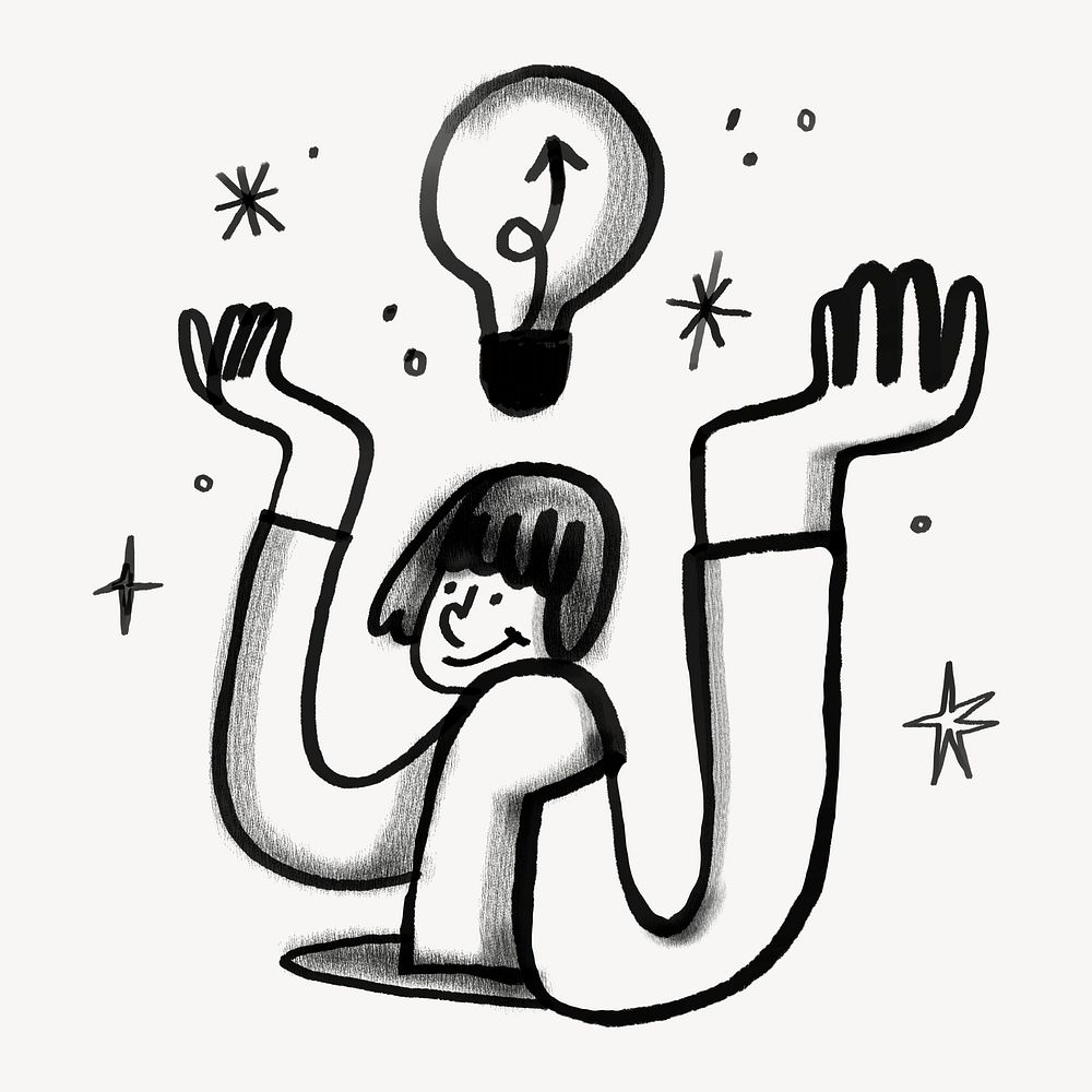 Light bulb head woman, creative ideas doodle psd
