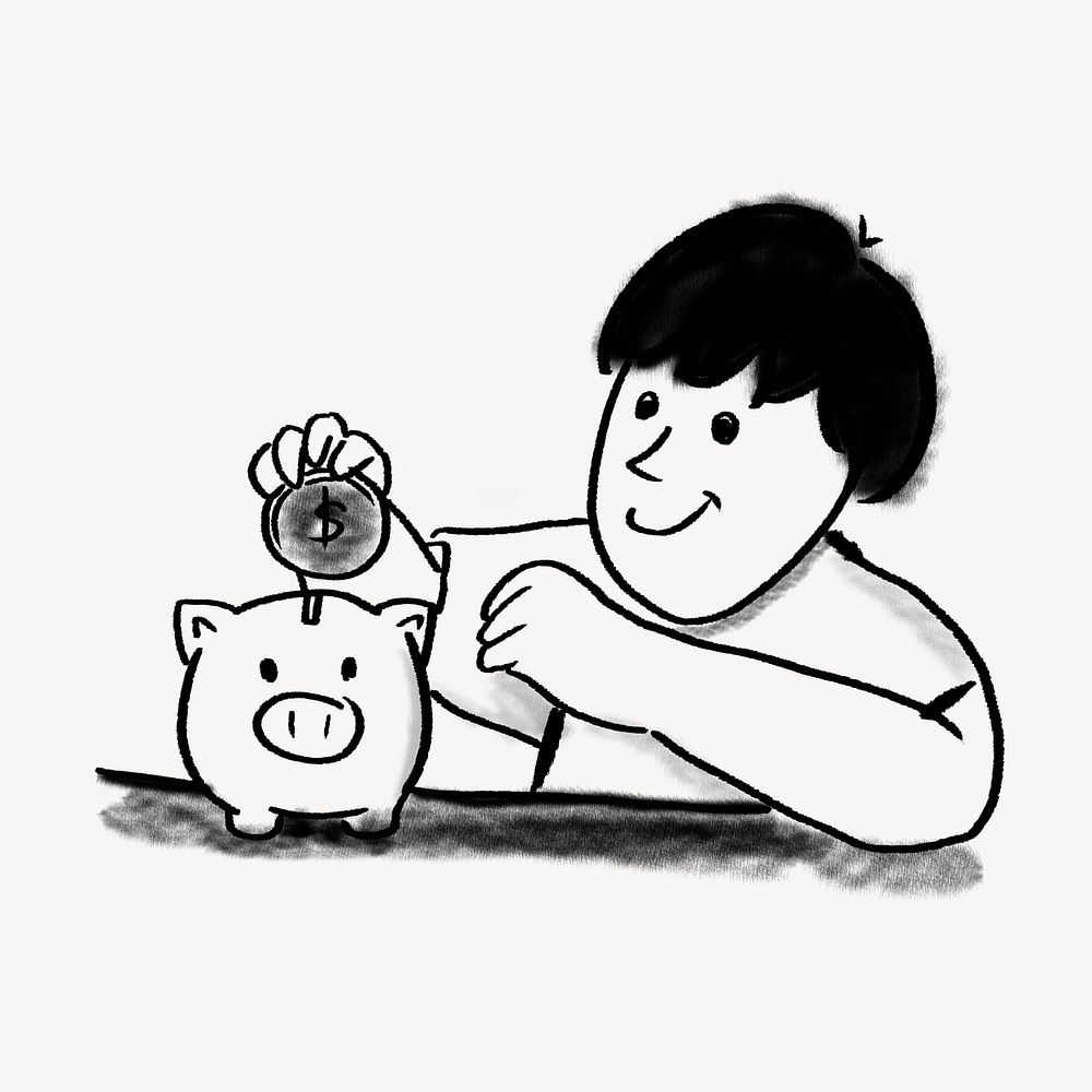 Boy putting coin in piggy bank doodle