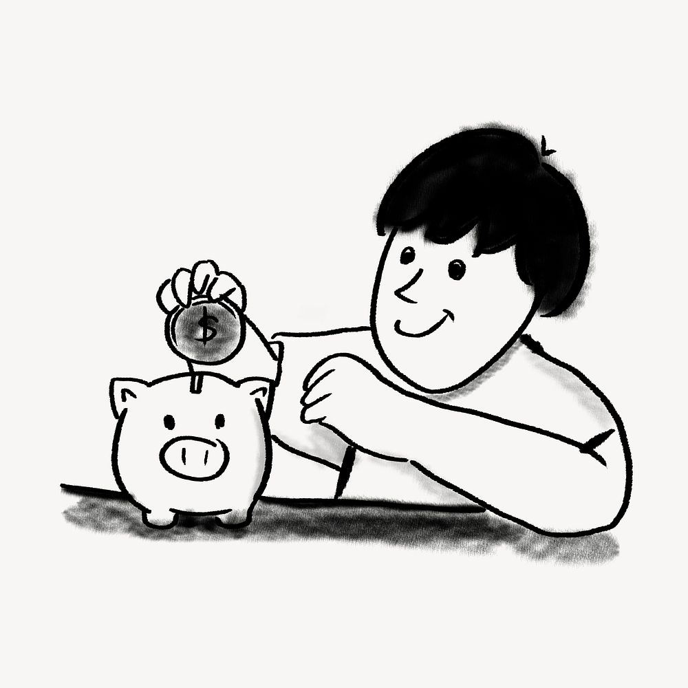 Boy putting coin in piggy bank doodle psd