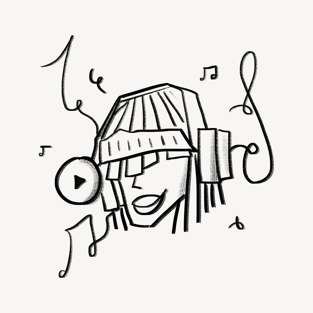 Woman listening to music doodle psd